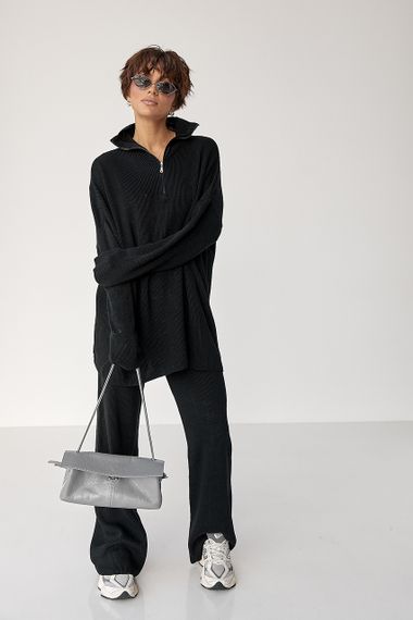 Вільний костюм в рубчик зі светром і прямими штанами - чорний цвет, ONE SIZE (є розміри)