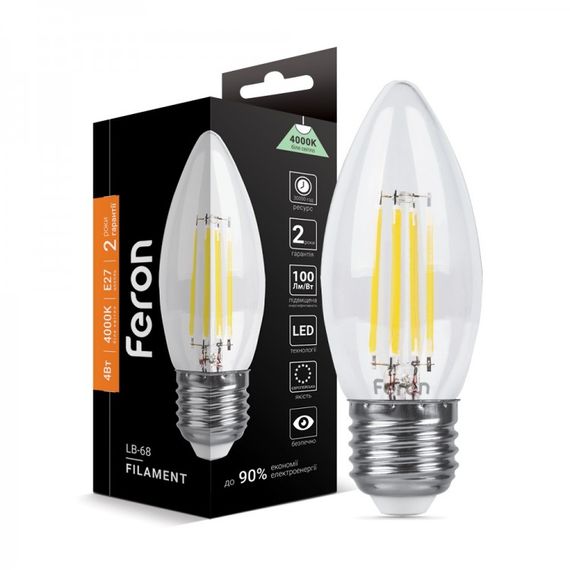 Лампа LED 4W 4000K E27 С37 діммерна Filament Feron