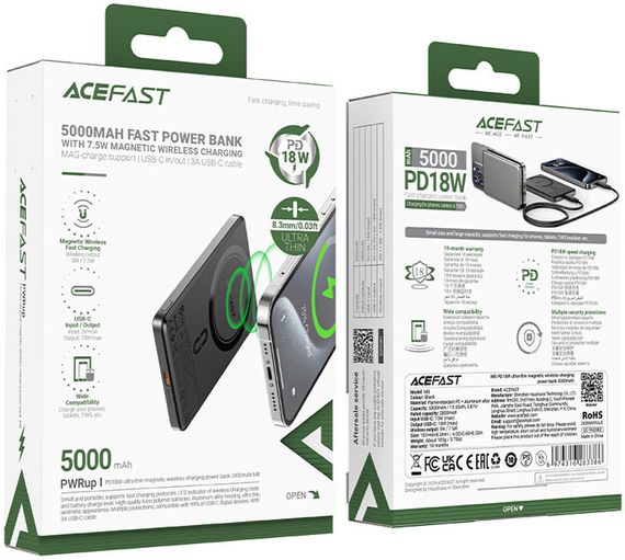 УМБ Acefast Magnetic Wireless 5000mAh 18W PD,QC 3.0, QI 7.5 Вт, ультра тонкий, M8 Black | Зображення 4