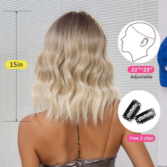 Перука коротка хвиляста каре блонд омбре з чубчиком, термостійке синтетичне волосся з натуральним проділом,  для зміни образу | Зображення 4