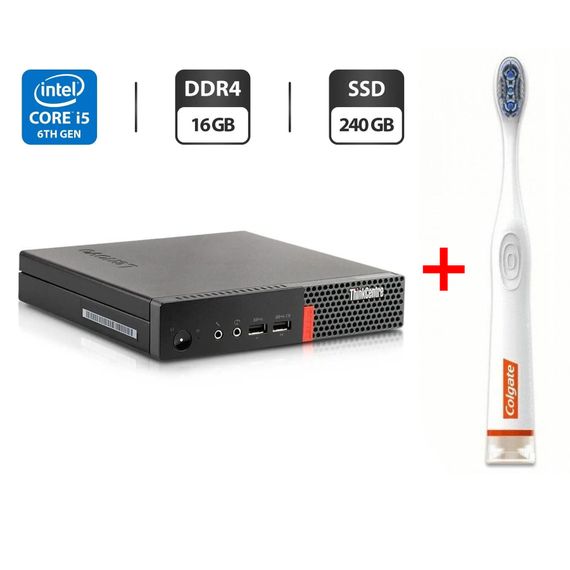 Неттоп Lenovo ThinkCentre M710q Tiny USFF / Intel Core i5-6500T (4 ядра по 2.5 - 3.1 GHz) / 16 GB DDR4 / 240 GB SSD / Intel HD Graphics 530 / Блок живлення б/в + Подарунок  Розумна інтерактивна зубна щітка Colgate Connect M1 / Bluetooth