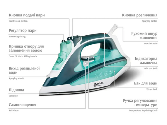Паровой утюг с керамической подошвой BITEK BT-1256G вертикальная пара самоочистка система «Капля-Стоп» 2800 Вт Зеленый | Зображення 1