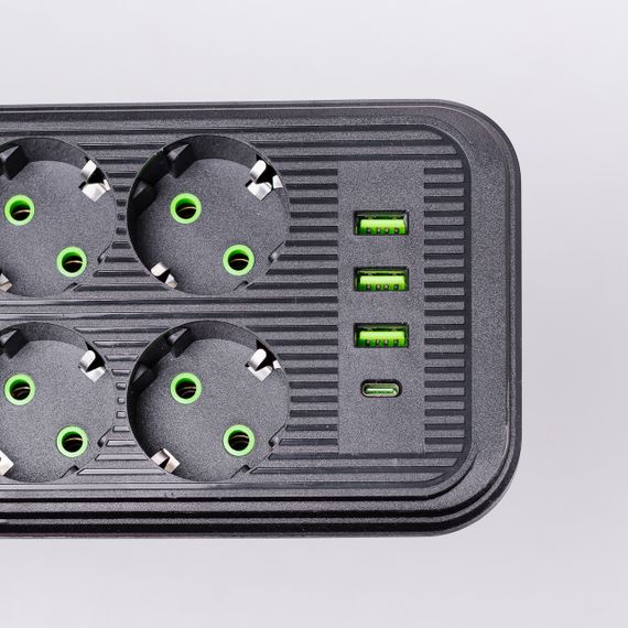 Мережевий фільтр 2.8 м подовжувач на 8 розеток з 3 USB 1 Type-C та кнопкою відключення F20U Чорний HP-5-28 | Зображення 6
