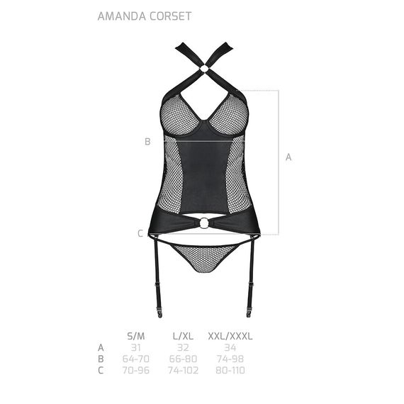 Сітчастий комплект корсет з халтером, зйомні підв'язки та трусики Passion AMANDA CORSET L/XL, black | Зображення 6