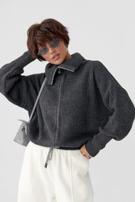 Укорочений кардиган на блискавці з довгим коміром - темно-сірий цвет, ONE SIZE (є розміри)