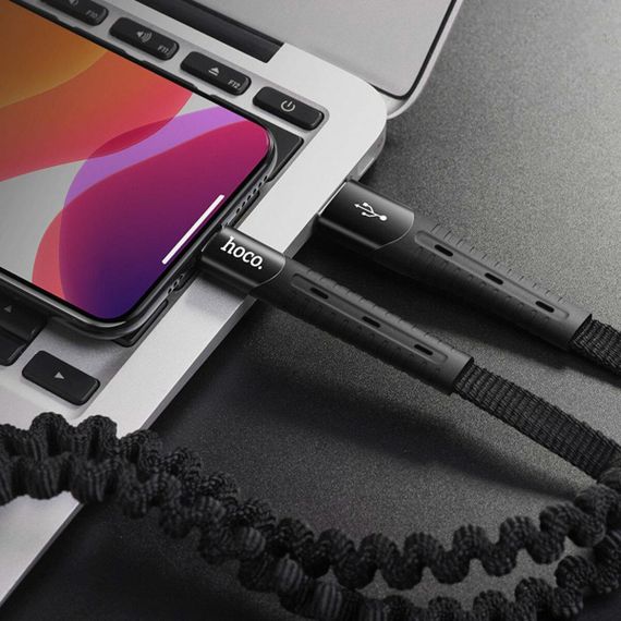Кабель HOCO U78 USB to iP 2.4A, 0.8-1.2m, nylon, TPE connectors, elastic, Black | Зображення 1
