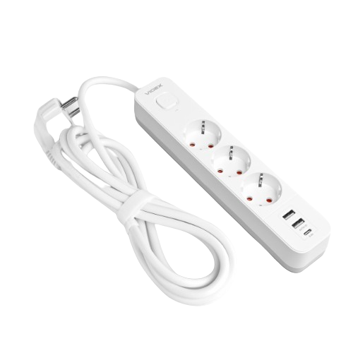 Мережевий подовжувач із заземленням 3 розетки/2USB-A/1Type-C 3м з кнопкою білий VF-PD33G2U1C-W Oncord Videx