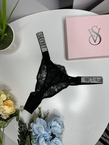 Жіночі мереживні стринги Victoria's Secret зі стразами, бікіні стринги Вікторія Сікрет M, Чорний | Зображення 3