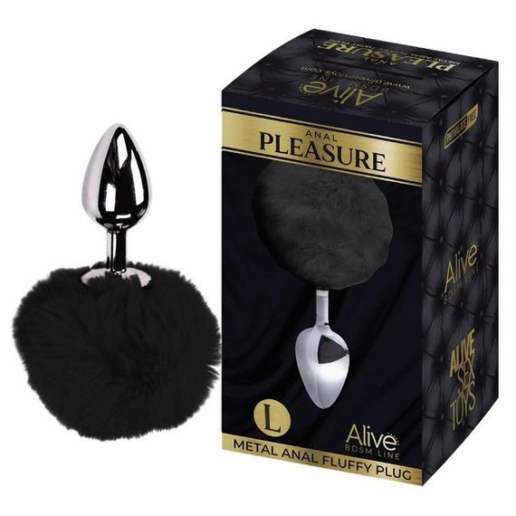 Анальна пробка Alive Anal Pleasure L з чорним хутром, срібляста, 9 х 4 см Sex Aura