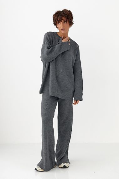 В'язаний костюм з вільною кофтою та широкими штанами - сірий цвет, ONE SIZE (є розміри)