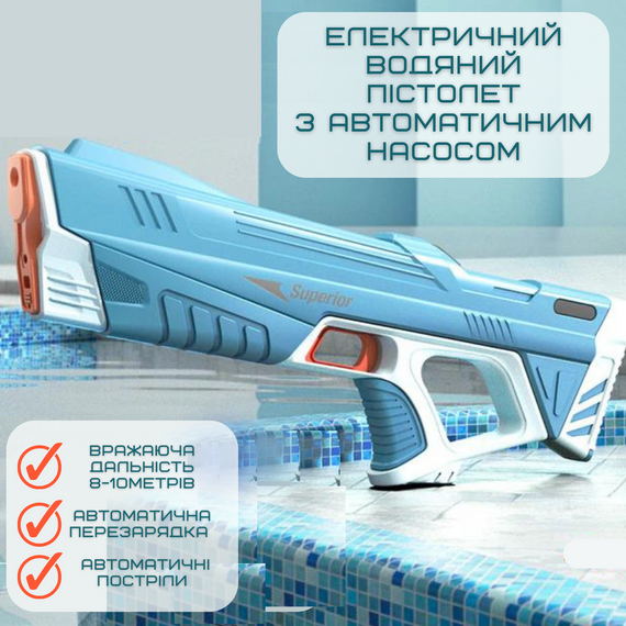 Водяний Автомат Електричний на Акумуляторі Портативний Дитячий Водний Бластер з Автоматичним Насосом Superior Блакитний | Зображення 1