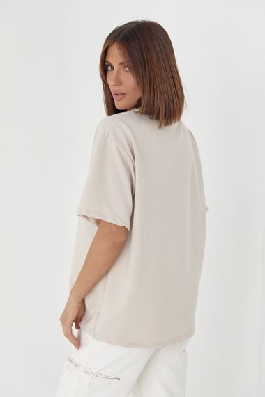 Однотонная женская футболка в стиле oversize - бежевый цвет, M (есть размеры) | Зображення 1