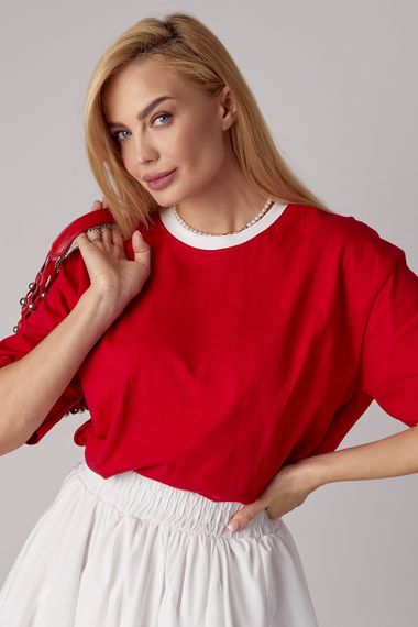 Футболка oversize с контрастной горловиной - красный цвет, M (есть размеры)