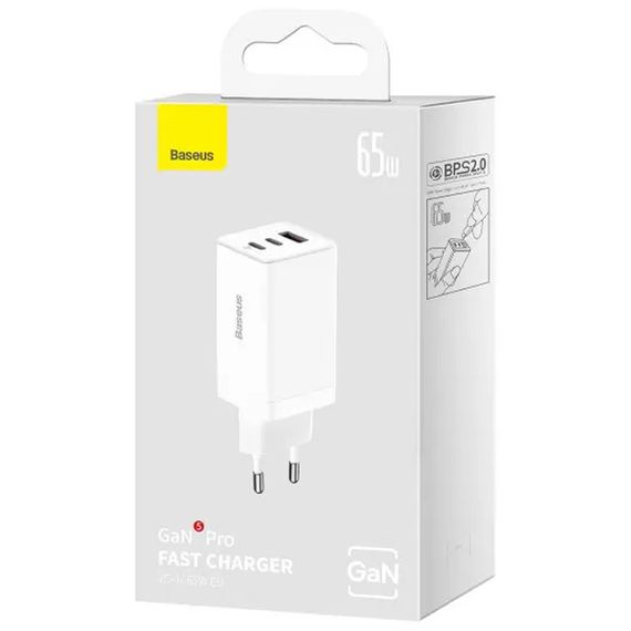 МЗП Baseus GaN5 Pro 65W 2Type-C+USB 100W EU (CCGP12020) White | Зображення 5