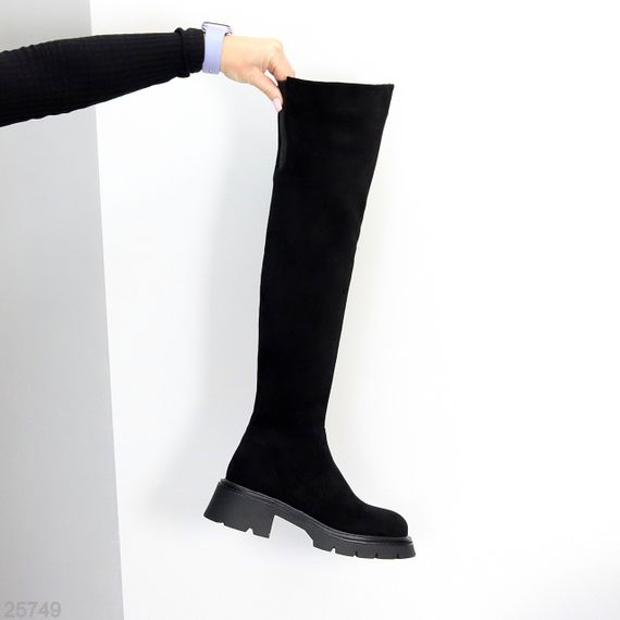 Високі чорні чоботи замшеві ботфорти стрейч єврозима блискавка по всій довжині | Зображення 3