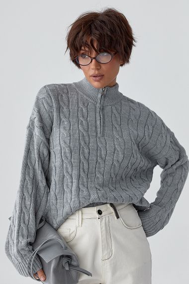 В'язаний светр в косички з блискавкою на горловині - сірий цвет, ONE SIZE (є розміри)