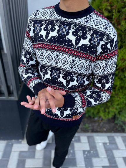 Мужской новогодний свитер с оленями низкий воротник PA2658 цвет синий, размер М | Зображення 2