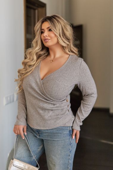 Женская трикотажная кофта в рубчик на запах с V-образным вырезом цвет серый, размер 54/56 GF8777 | Зображення 1