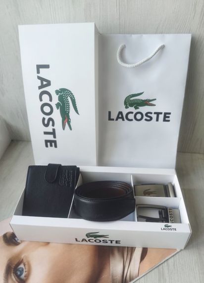 Чоловічий шкіряний подарунковий набір Lacoste двосторонній ремінь black/brown з двома пряжками і гаманець | Зображення 8