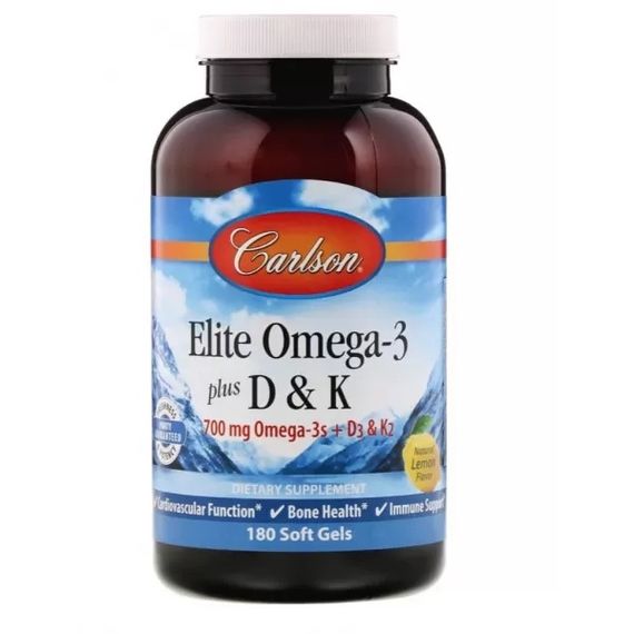 Омега 3 Carlson Labs Elite Omega-3 Plus D & K 180 Soft Gels Natural Lemon Flavor