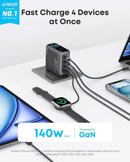 Сетевое зарядное устройство Anker Laptop GaN Charger 140W 3xUSB-C PD3.1 1xUSB-A Display Cable Black (B2697GZ1) | Зображення 1