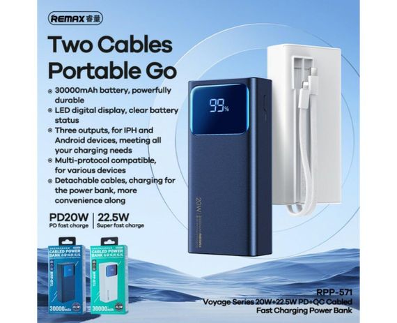 Зовнішній акумулятор REMAX Voyage Series  PD20W+QC22.5W Cabled Fast Charging Power Bank  30000mAh RPP-571 | Зображення 2