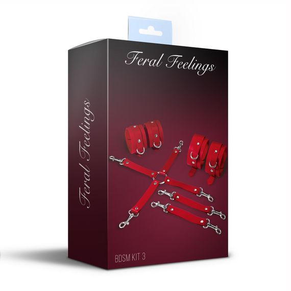 Набір для БДСМ 3 в 1 Feral Feelings BDSM Kit 3 Red, наручники, поножі, хрестовина | Зображення 1