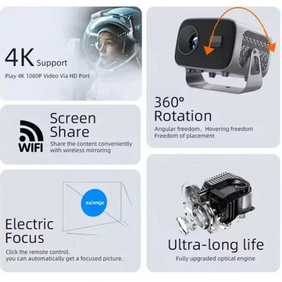 Портативний мультимедійний проєктор 4K Android A10 з Wi-Fi 2.4/5 ГГц, Bluetooth 5.2, автофокусом і автокоригцією трапеції | Зображення 5