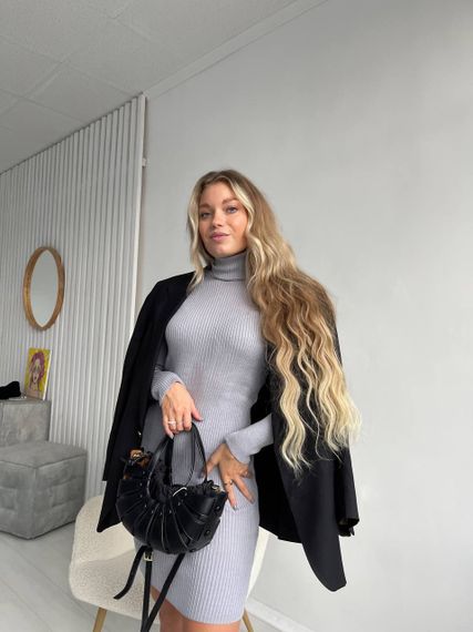 Женское вязаное платье-гольф в обтяжку теплое NO6599 размер единый 42-50 цвет серый | Зображення 2