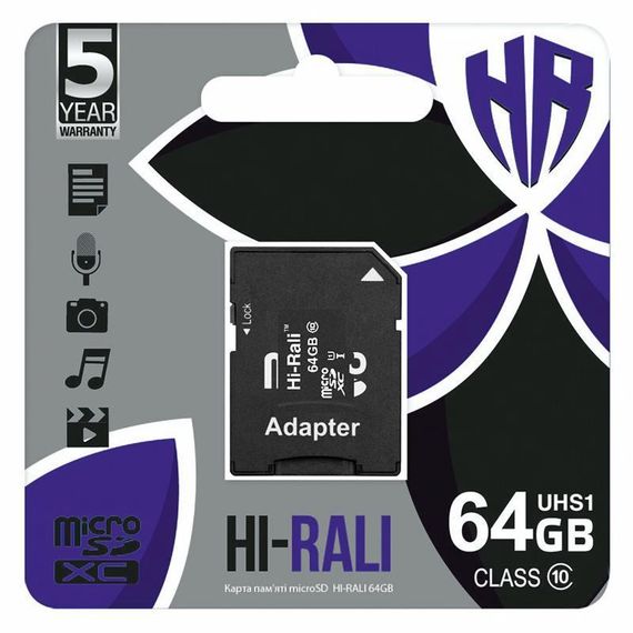 Карта пам'яті Hi-Rali (UHS-1) microSDXC Class 10 - 64GB (з адаптером) Чорний | Зображення 1