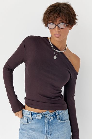 Обтягуючий лонгслів з відкритим плечем - баклажан цвет, L (є розміри) | Зображення 4