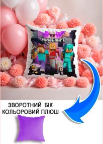 Подушка плюшева Мерч Крафт Дизайн з принтом Майнкрафт Minecraft 4 бузковий плюш квадратна 33х33 см