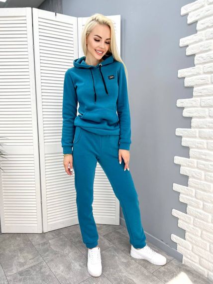 Женский теплый спортивный костюм на флисе худи и штаны, GF5701 цвет бирюзовый, размер 54/56