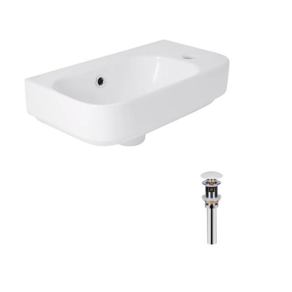 Комплект Qtap Tern: Раковина підвісна прамокутна права 450х250х158 мм White + Донний клапан PU02O