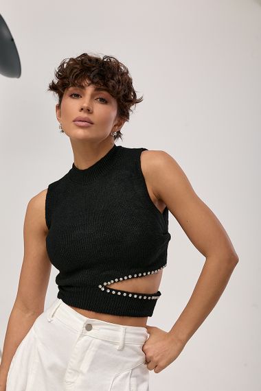 В'язана майка з високою горловиною і розрізом на талії - чорний цвет, ONE SIZE (є розміри) | Зображення 4