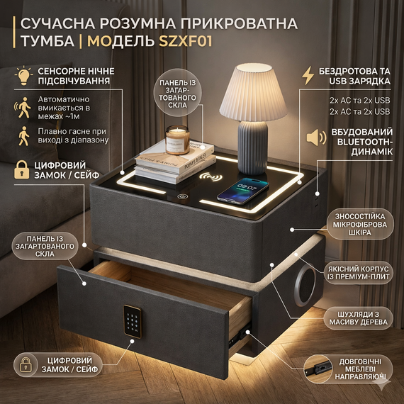 Смарт-тумба горющая YJXF01 Grey с сейфом, LED-подсветкой и USB портами (Серая экокожа / Закаленное стекло) | Зображення 2