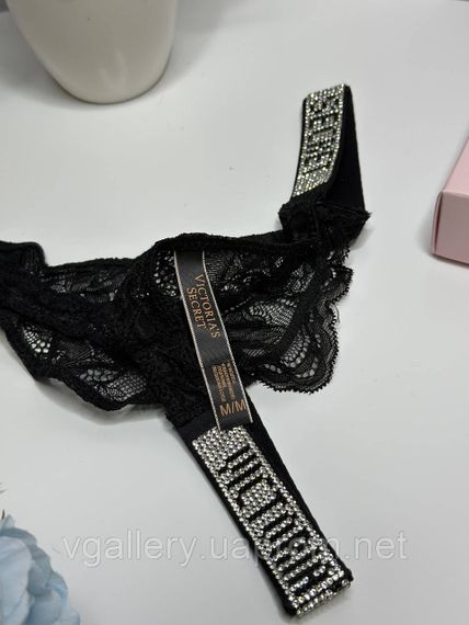 Женские кружевные стринги Victoria`s Secret со стразами, бикини стринги Виктория Сикрет L, Черный | Зображення 3