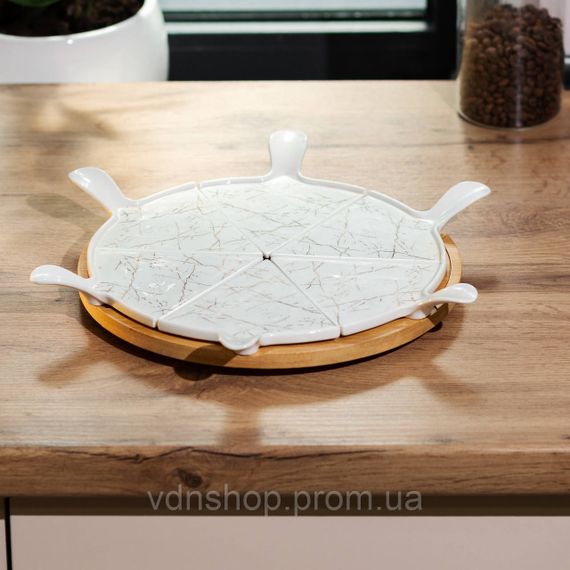 Тарілка для піци 28 см порцелянова з бамбуковою підставкою, що обертається, секційна HP1213 | Зображення 1