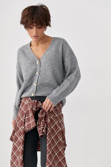 В'язаний кардиган на ґудзиках з V-подібним вирізом - сірий цвет, ONE SIZE (є розміри) | Зображення 4