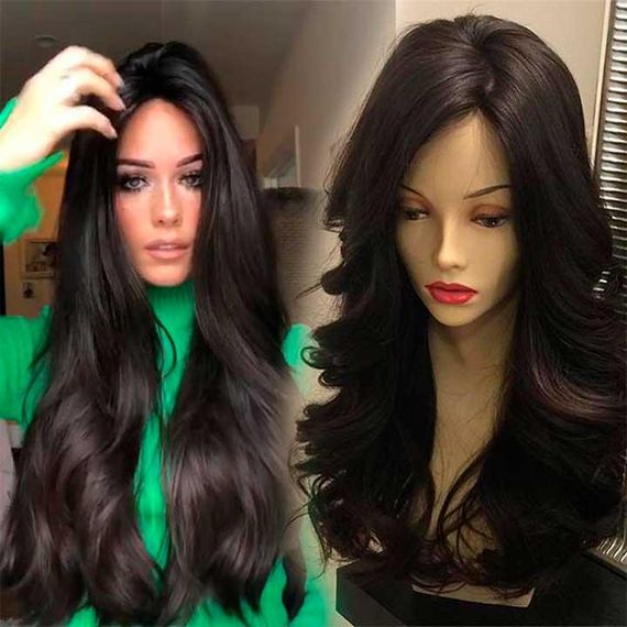 Перука хвиляста без чубчика з проділом 65 см Брюнетка