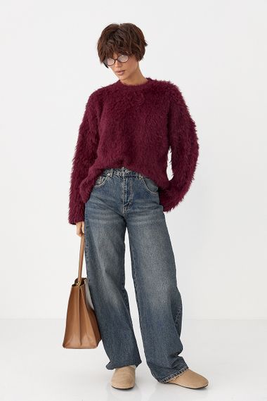 Тепла вільна кофта зі штучного хутра - бордо цвет, ONE SIZE (є розміри) | Зображення 2