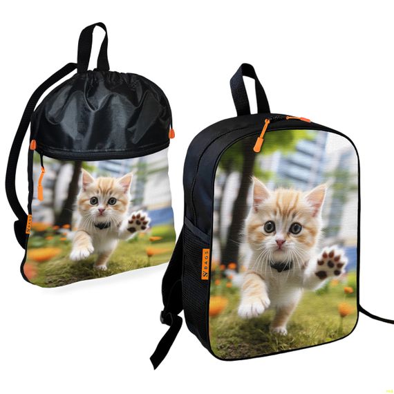 Школьный рюкзак детский с котенком + Сумка для обуви спортивной формы рюкзак-мешок  для мальчика (01699)