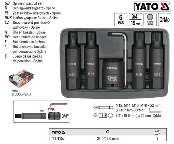 Набор насадки ударние 3/4" SPLINE 6 штук YATO-1157