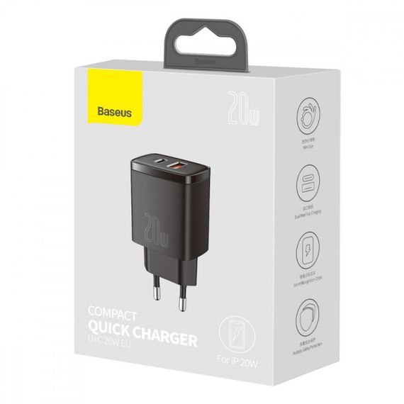 СЗУ Baseus Compact Quick Charger 20W QC+PD (1USB-A/1C) (CCXJ-B) Black | Зображення 4