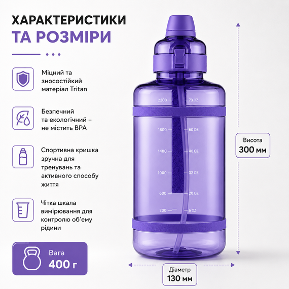 Удобная спортивная бутылка с соломинкой 2500 мл из тритана фиолетовая | Зображення 3