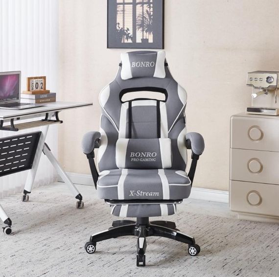 Крісло геймерське з тканини Bonro Бонро B-141 біло-сіре з підставкою для ніг (42401111) | Зображення 2