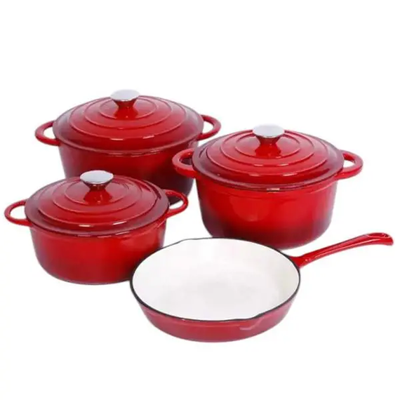 Набор чугунной посуды для приготовления 3 кастрюли и сковорода с эмалированным покрытием Красный