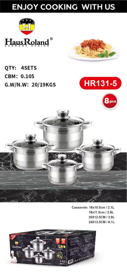 Набір каструль Haus Roland HR131-5, 4 шт. з неіржавкої сталі 2,1/2,8/3,9/6,1 л. Сріблястий (HR131-5) | Зображення 1