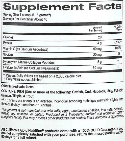 Комплекс для кожи, волос, ногтей California Gold Nutrition CollagenUP, Marine Hydrolyzed Collagen + Hyaluronic Acid + Vitamin C, 206 g /39 servings/ Unflavored | Зображення 2