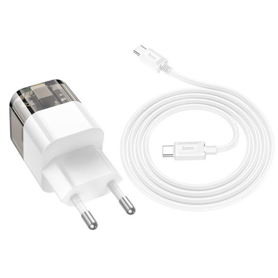 МЗП Hoco C131A Platium PD30W+QC3.0 (1USB-C) + кабель Type-C to Type-C Transparent black | Зображення 2